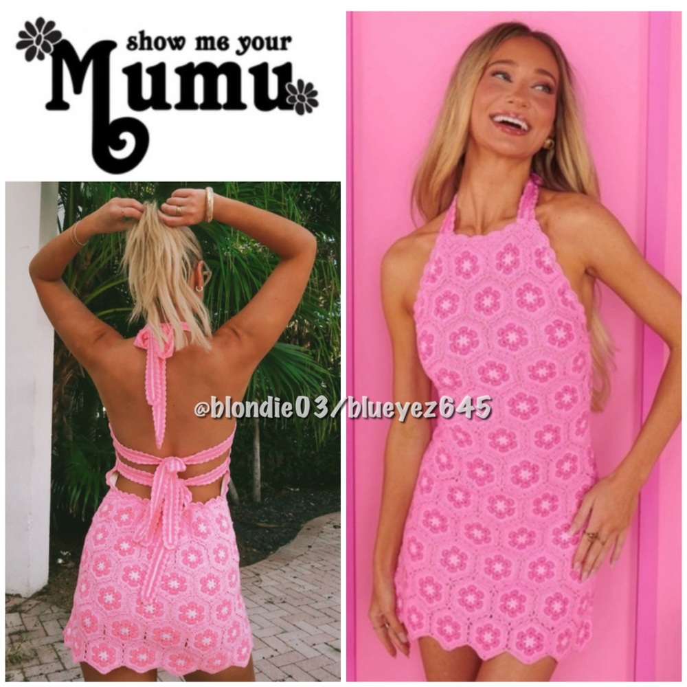 Show Me Your MuMu Pink Crochet Halter Mini Dress
